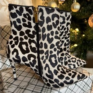 Raye Black and White Leopard Print Pony Hair Booties, Size 6